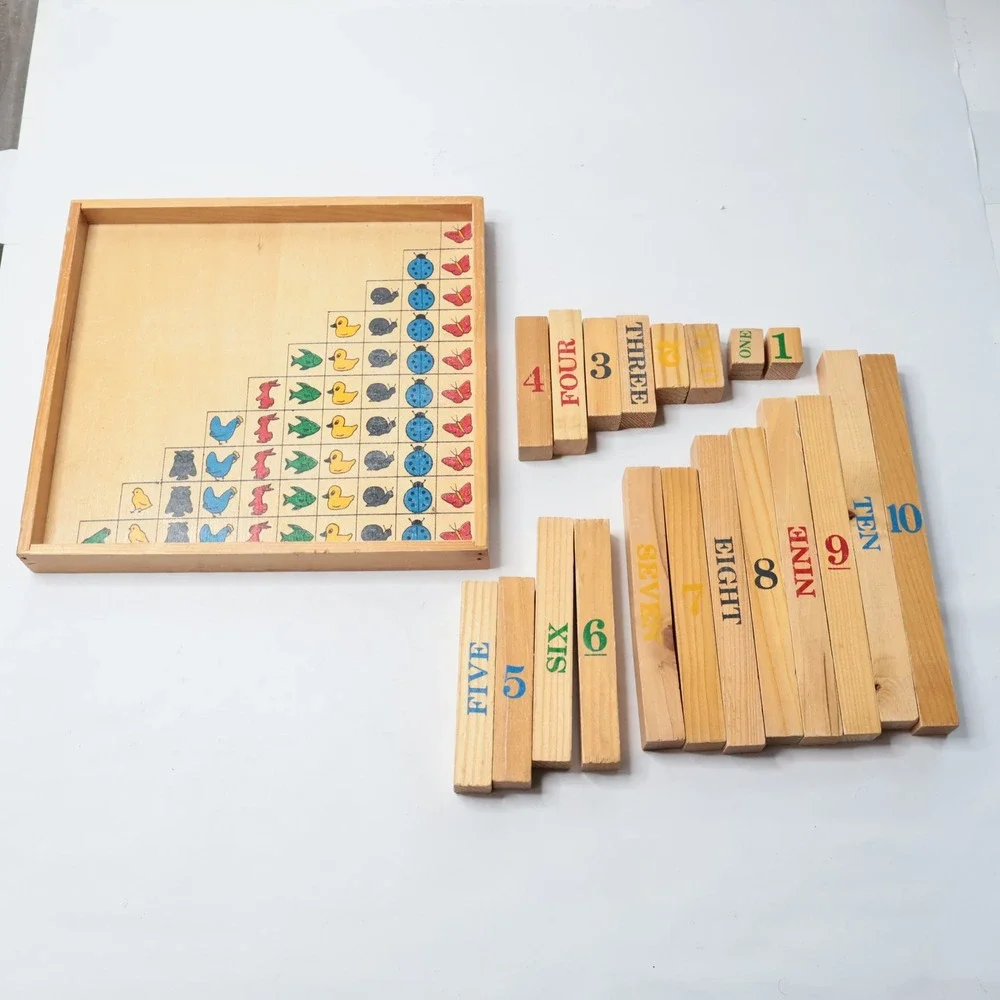Vintage‎ Wooden Counting Blocks Math Toy Montessori Educational Set 1-10 Tray